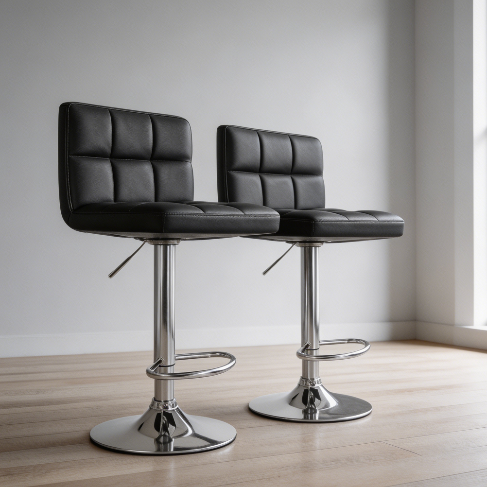 Set of 2 Black PU Leather Adjustable Swivel Bar Stools with Back