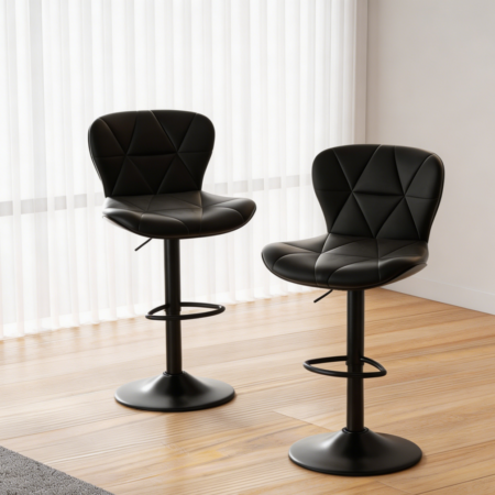 Set of 2 Black Faux Leather Adjustable Swivel Bar Stools with Back