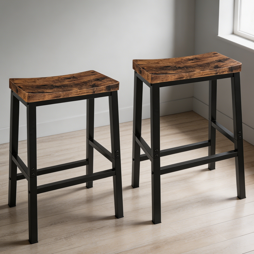 Set of 2 23.6" Rustic Brown Black Saddle Bar Stools with Footrests