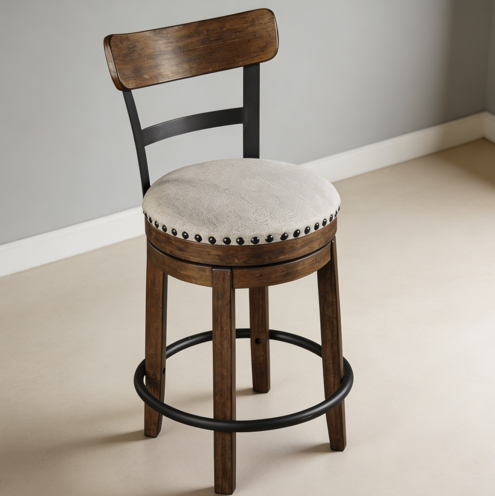 Linen Rustic-Industrial Swivel Barstool with Back - Image 2