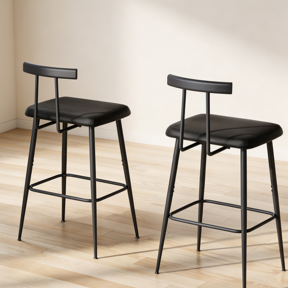 Set of 2 Black Industrial Bar Stools with Backrest PU Leather